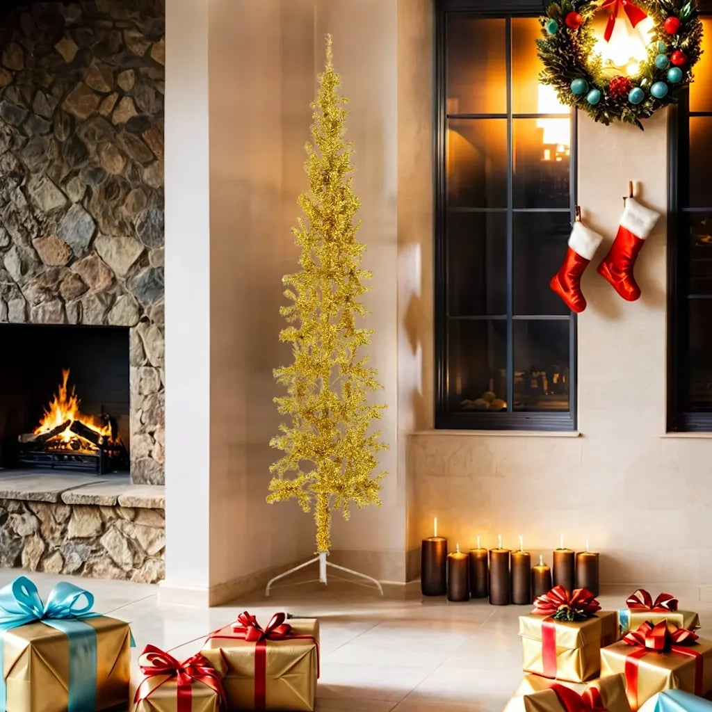 Albero Natale Artificiale Sottile a Met¨¤-Albero Natalizio con Supporto Oro 180cm