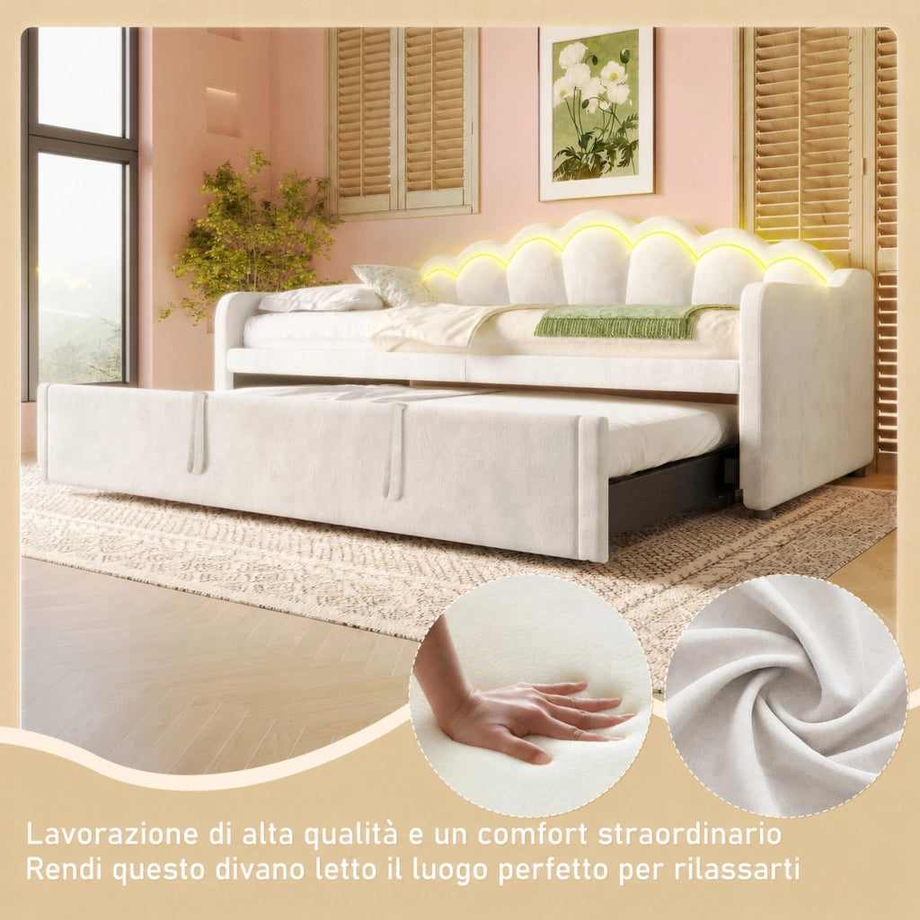 Divano letto singolo trasformabile; 90x200 cm; letto estraibile e LED multicolore; velluto e MDF; rosa