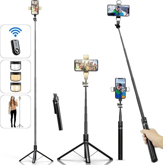 Televisore per smartphone con comando a distanza e luce LED - supporto per smartphone da 180cm per viaggi, vlog e foto - supporto per smartphone compatibile con iPhone e Android - gancio per selfie professionale