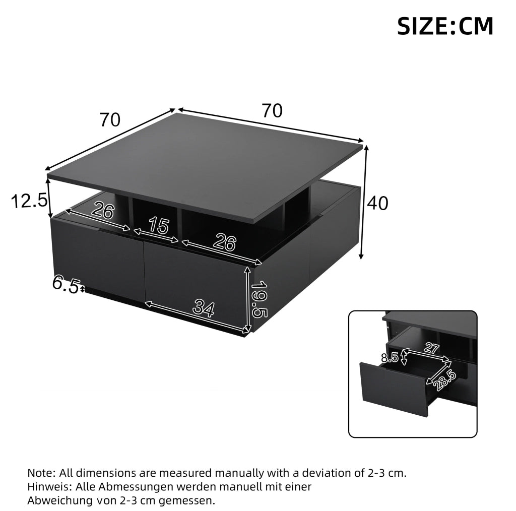 Tavolino da caffè 70x70x40 cm con LED; 4 cassetti in truciolare nero