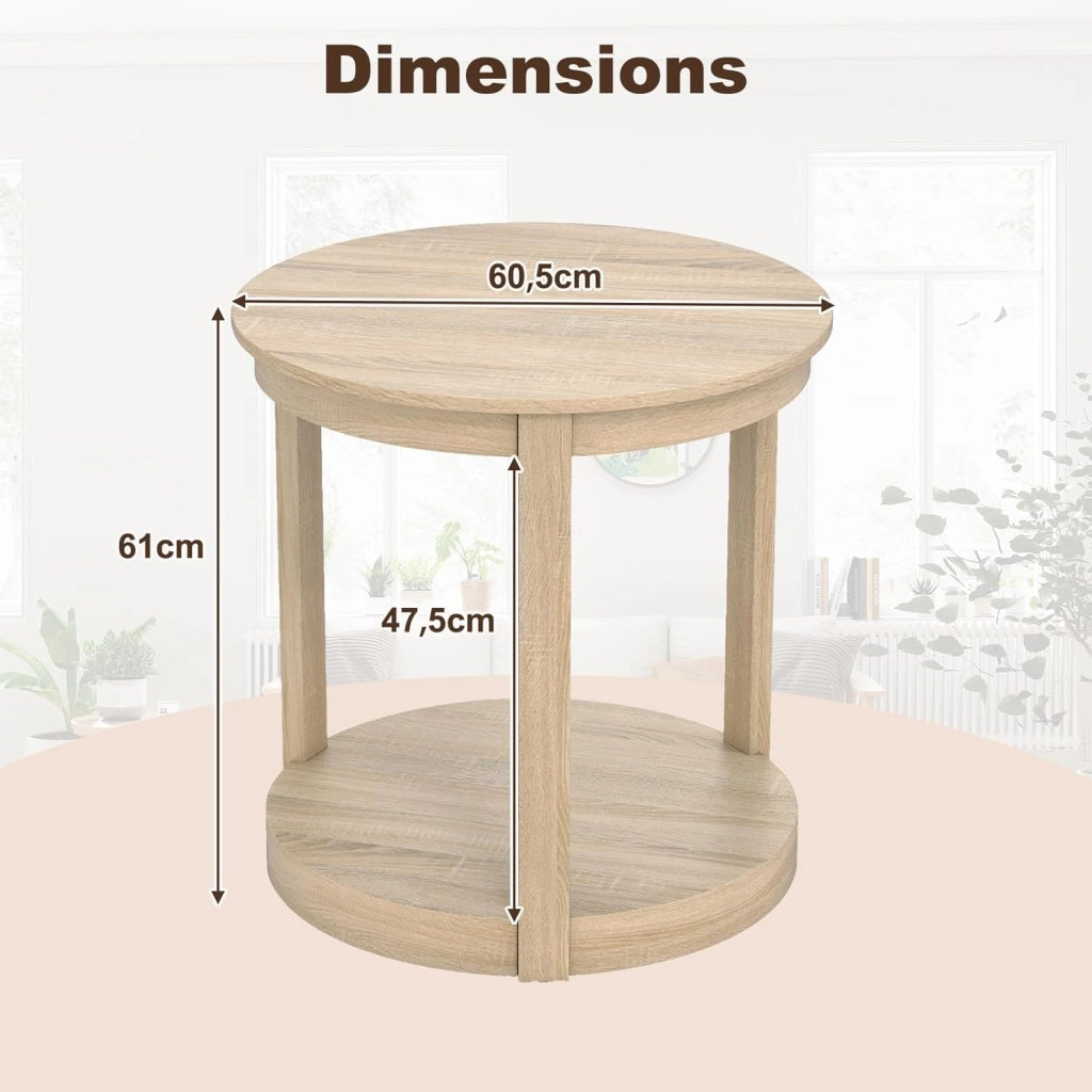 Tavolino rotondo Ø 60,5 cm, tavolino da soggiorno a 2 livelli, in legno di gomma, tavolino da tè in campagna, tavolo per soggiorno, studio, casa, ufficio, rovere
