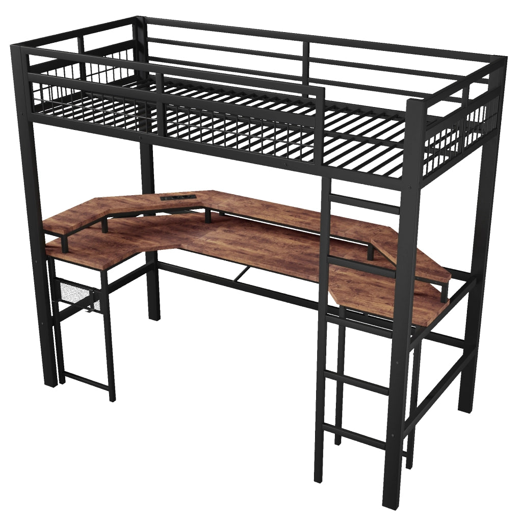 LETTO A SOPPALCO 90x200 cm in metallo nero con scrivania, LED, USB e prese