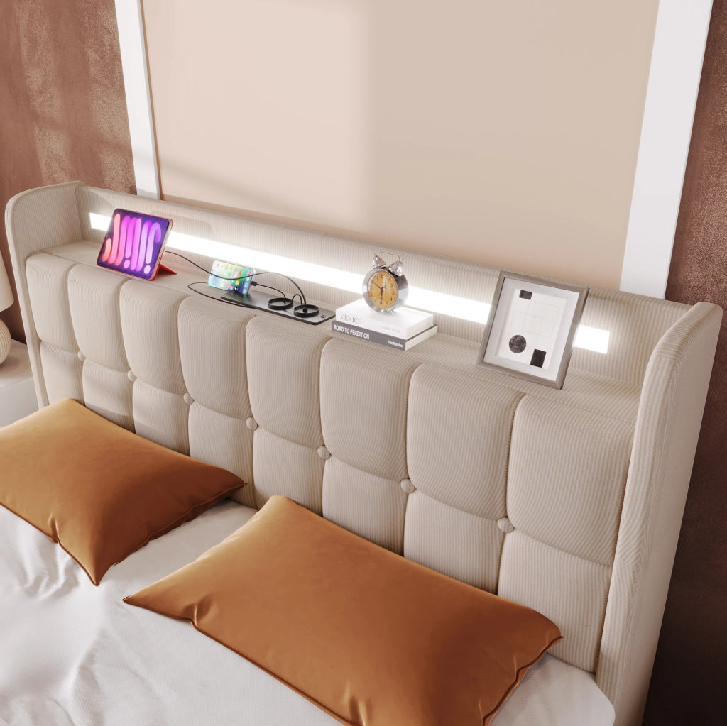Letto matrimoniale imbottito 180x200 cm con USB; LED e 4 cassetti; beige