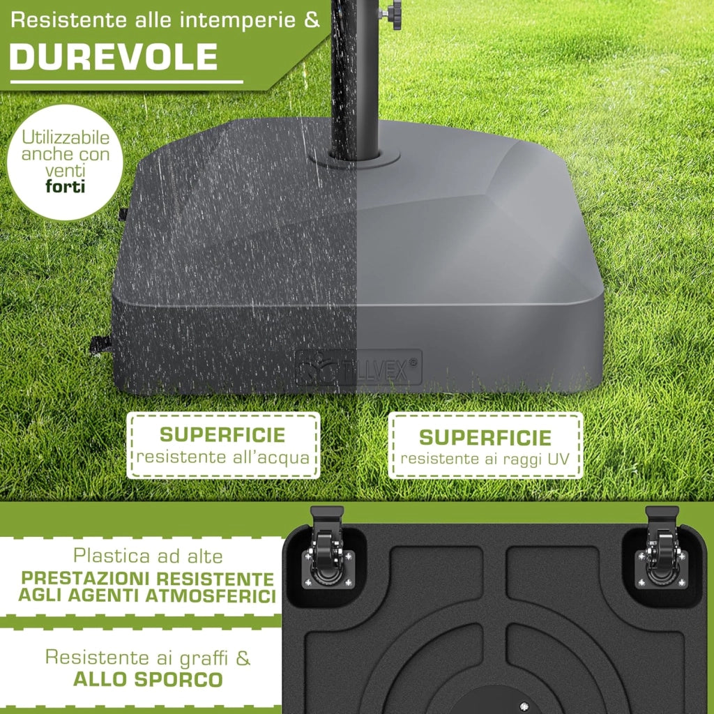 tillvex® Base per ombrellone GRAVIA e Ruote e Freni | Zavorra ombrellone riempibile 37L/56kg | Piedistallo per ombrelloni Giardino e Mercato Ø1,8-3,7m | Resistente a intemperie e UV (Antracite)