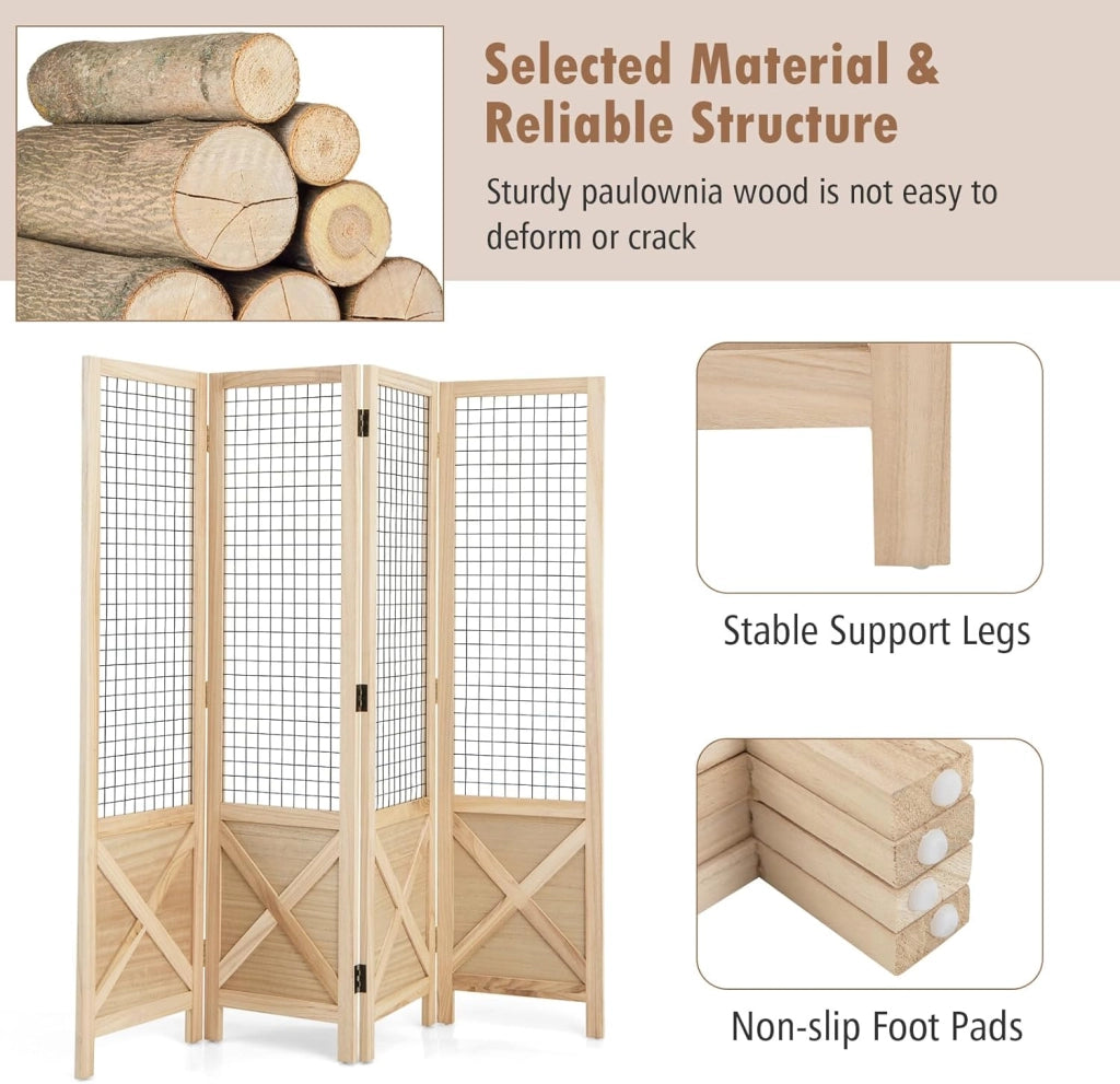 Paravento pieghevole a 4 pannelli con griglia, separatore di privacy, 151 x 144 cm, legno di Paulownia naturale, divisorio per camera da letto, soggiorno, non richiede assemblaggio
