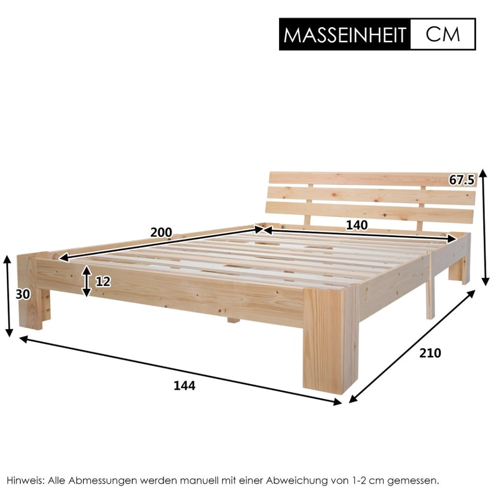 Letto matrimoniale 140x200 cm; design rustico con rete; legno; colore naturale; senza materasso