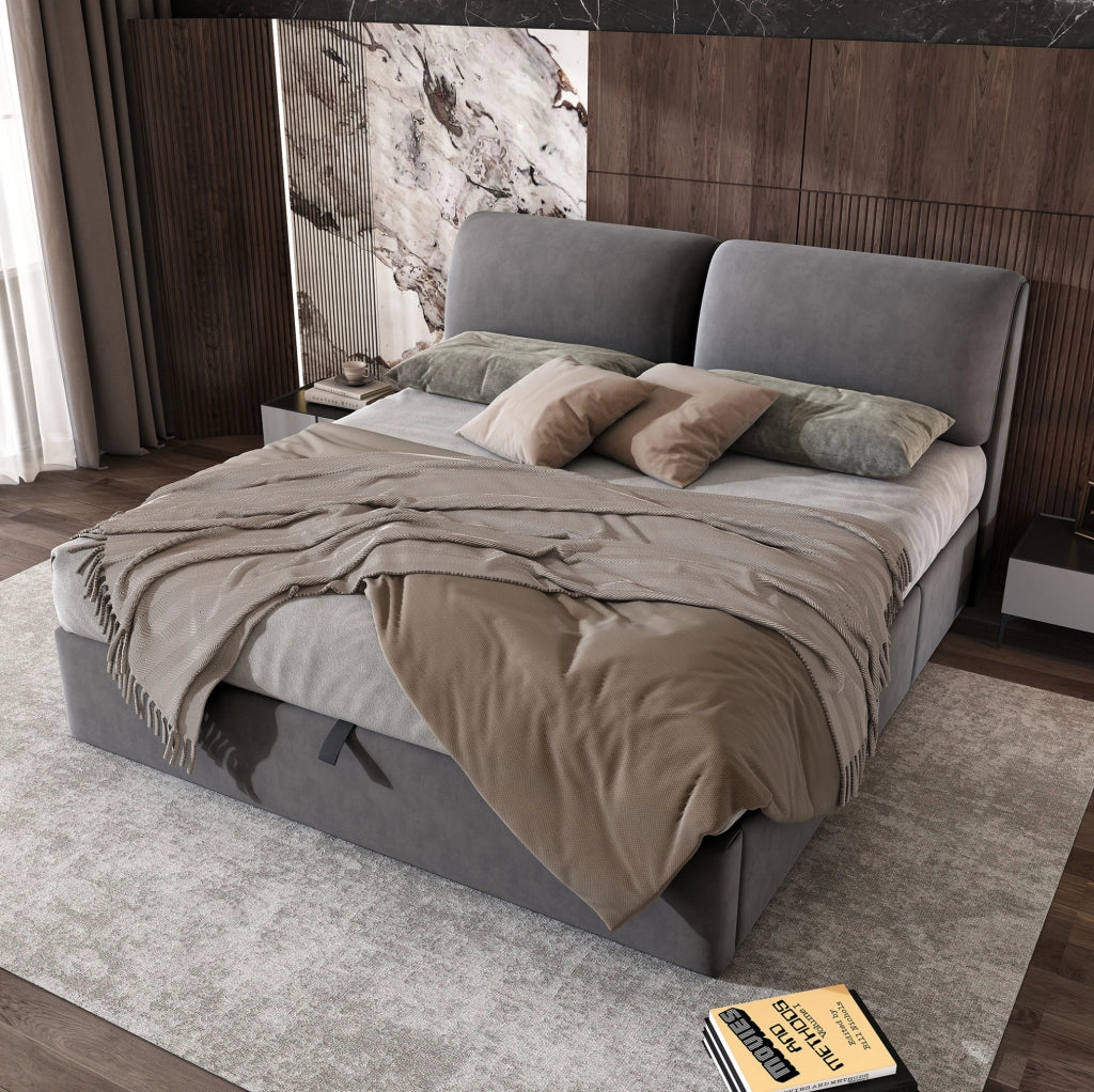 Letto imbottito 160x200 cm in velluto grigio con contenitore; 3 cassetti e testiera regolabile
