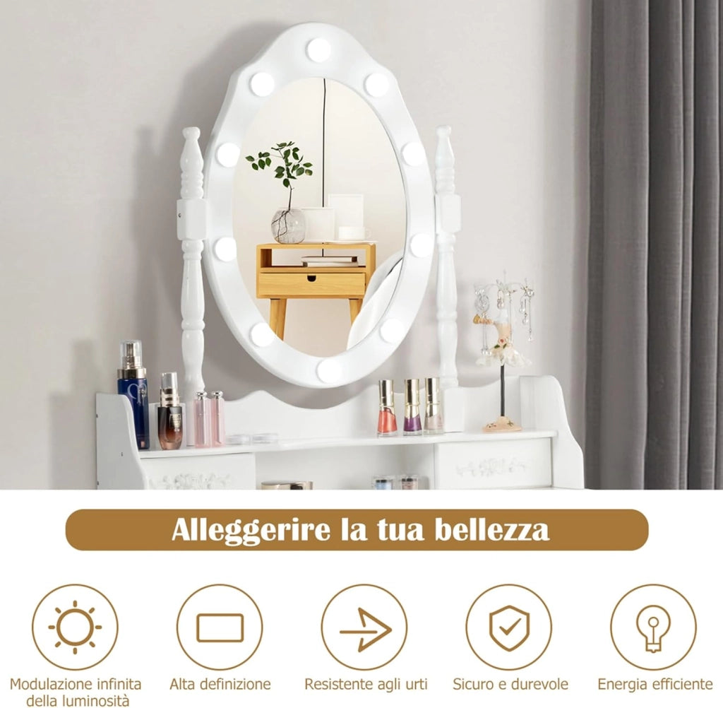 Toeletta Trucco con Specchio Girevole, 10 Luci LED, Luminosità Regolabile, Postazione Trucco con Sgabello e 4 Cassetti, Tavolo da Trucco Scrivania Camera da Letto, 146x75x40cm (Bianco)