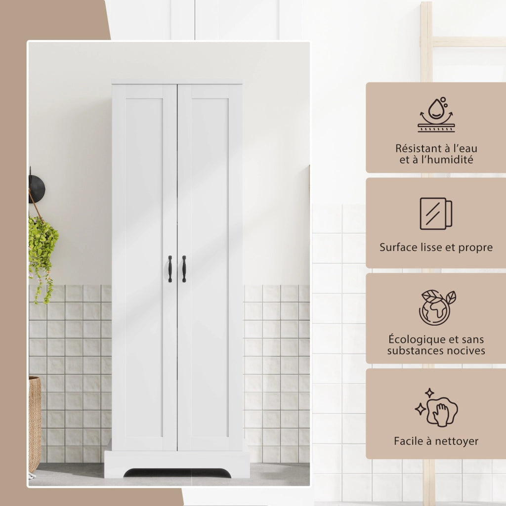 Armadietto da bagno con 2 ante, 4 vani e ripiani regolabili, soft-close, in MDF, bianco, 56 × 40 × 170 cm