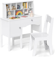 Set Scrivania e Sedia per Bambini in Legno, Tavolo e Sedia per Cameretta con Cassetto, Ripiano e Armadietto, Scrivania per Bambini Età 3+ Anni per Computer