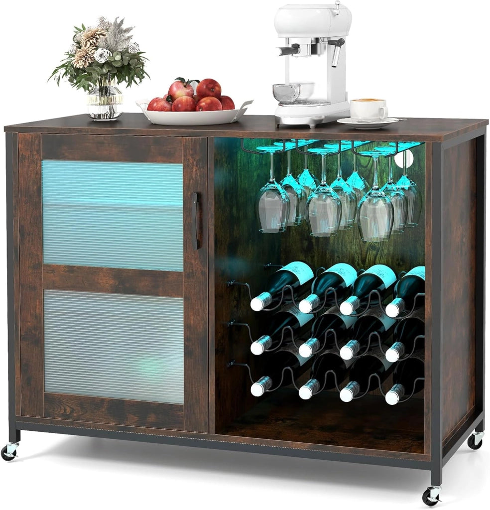 Armadietto per vino con illuminazione, armadio da bar con ruote, armadietto per vino e porta vetro, cucina con ripiani regolabili, credenza industriale