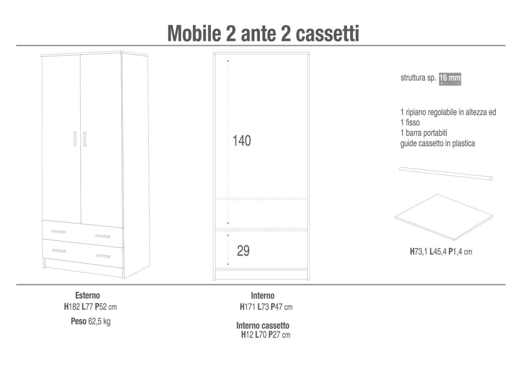 Armadio 2 Ante 2 Cassetti 77x182x52 cm Bianco Lisco