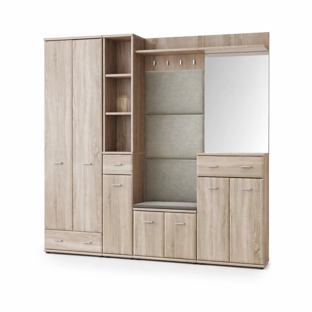 Set Ingresso Scarpiera Appendiabiti Imbottito Mobile Entrata Anta Specchio Vani Guardaroba Ganci Armadio Mobiletto Multifunzione Salvaspazio Corridoio Casa Design Moderno 210 x 32 x 203 Cm Rovere