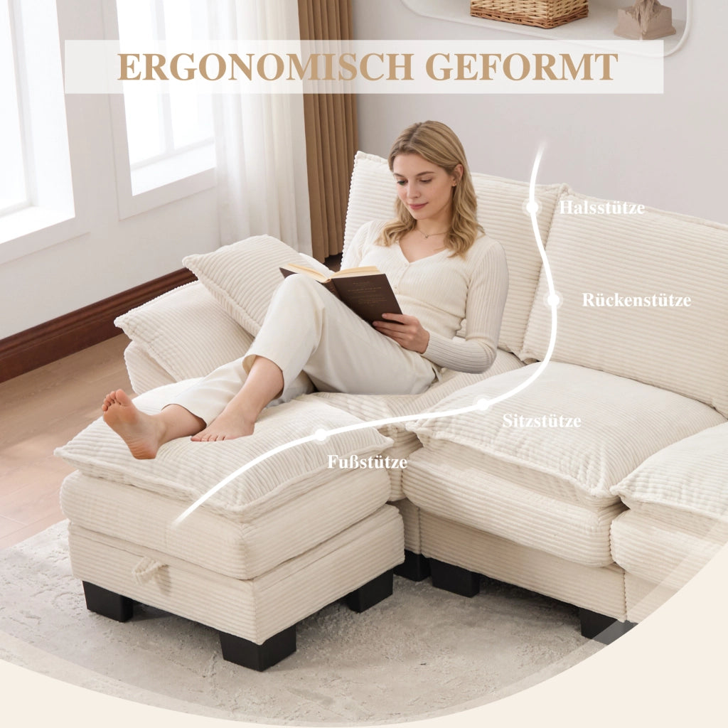 Divano modulare 4 posti in velluto a coste con USB-C, tasche laterali e 2 pouf, beige 330 × 132 × 84 cm