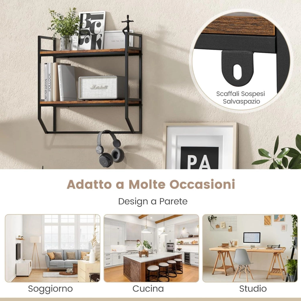 Scaffale a Muro 2 Livelli, Mensole a Parete con Barra Porta Asciugamani e Telaio in Metallo, Scaffale da Parete per Bagno Soggiorno Cucina, Stile Industriale, 59x20x58 cm