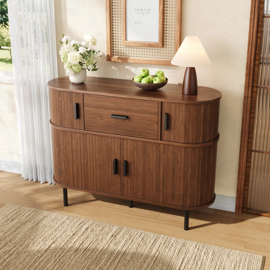 Sideboard a due livelli con ante scorrevoli e cassetto, finitura noce