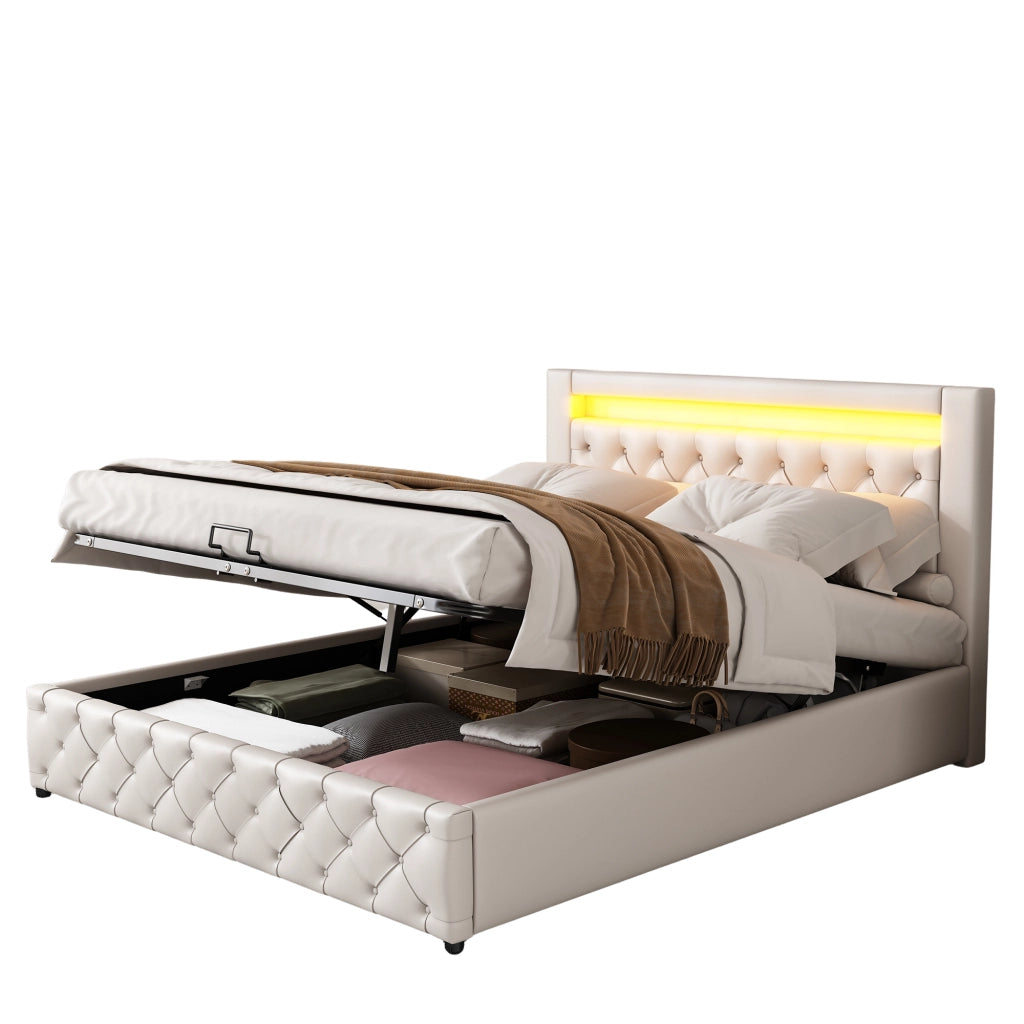 Letto imbottito 140 x 200 cm con rete a doghe, contenitore e illuminazione LED, bianco, PU