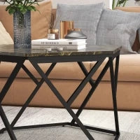Tavolino da Salotto Moderno con Piano Effetto Marmo e Struttura in MDF e Acciaio, 81x70x51.2 cm, Nero