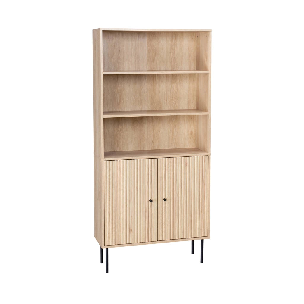 Libreria in legno e metallo nero a 2 ante, marrone naturale