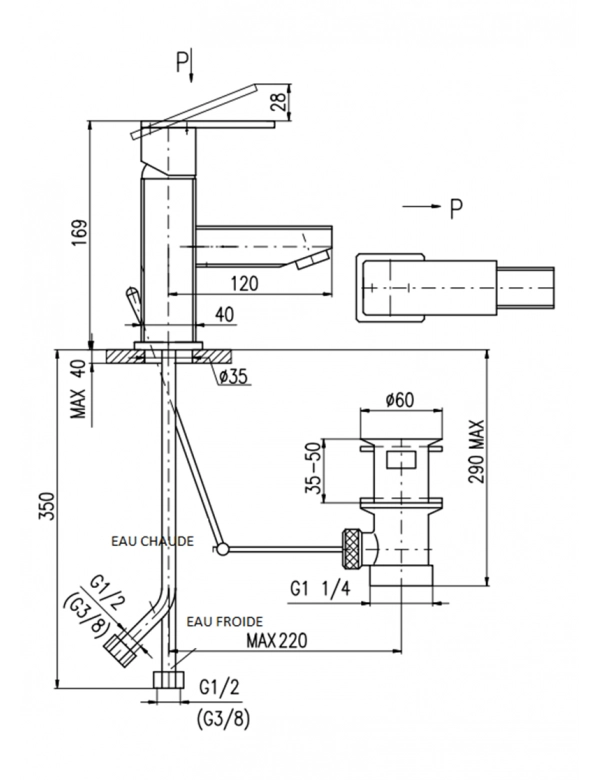 Miscelatore lavabo LOIRA in ottone cromato con sifone