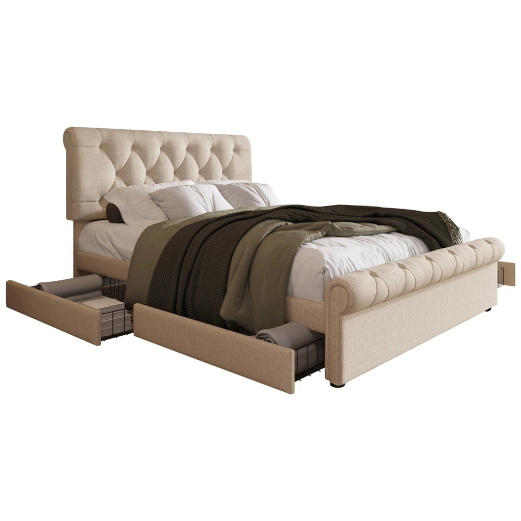 Letto matrimoniale imbottito 140x200 cm con 4 cassetti, testiera regolabile, colore naturale