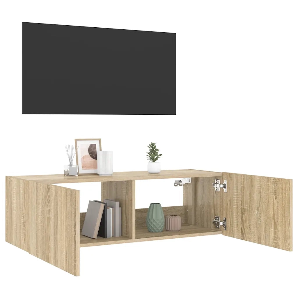 Mobile TV a Parete con Luci LED-Mobile TV a Muro Rovere Sonoma 100x35x31 cm