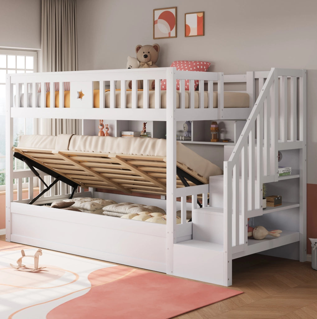 Letto a castello 90x200 cm in legno bianco con vano idraulico, scale contenitore e ripiani