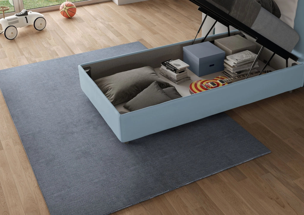 BS COM Letto singolo contenitore imbottito 90x200 microfibra azzurro