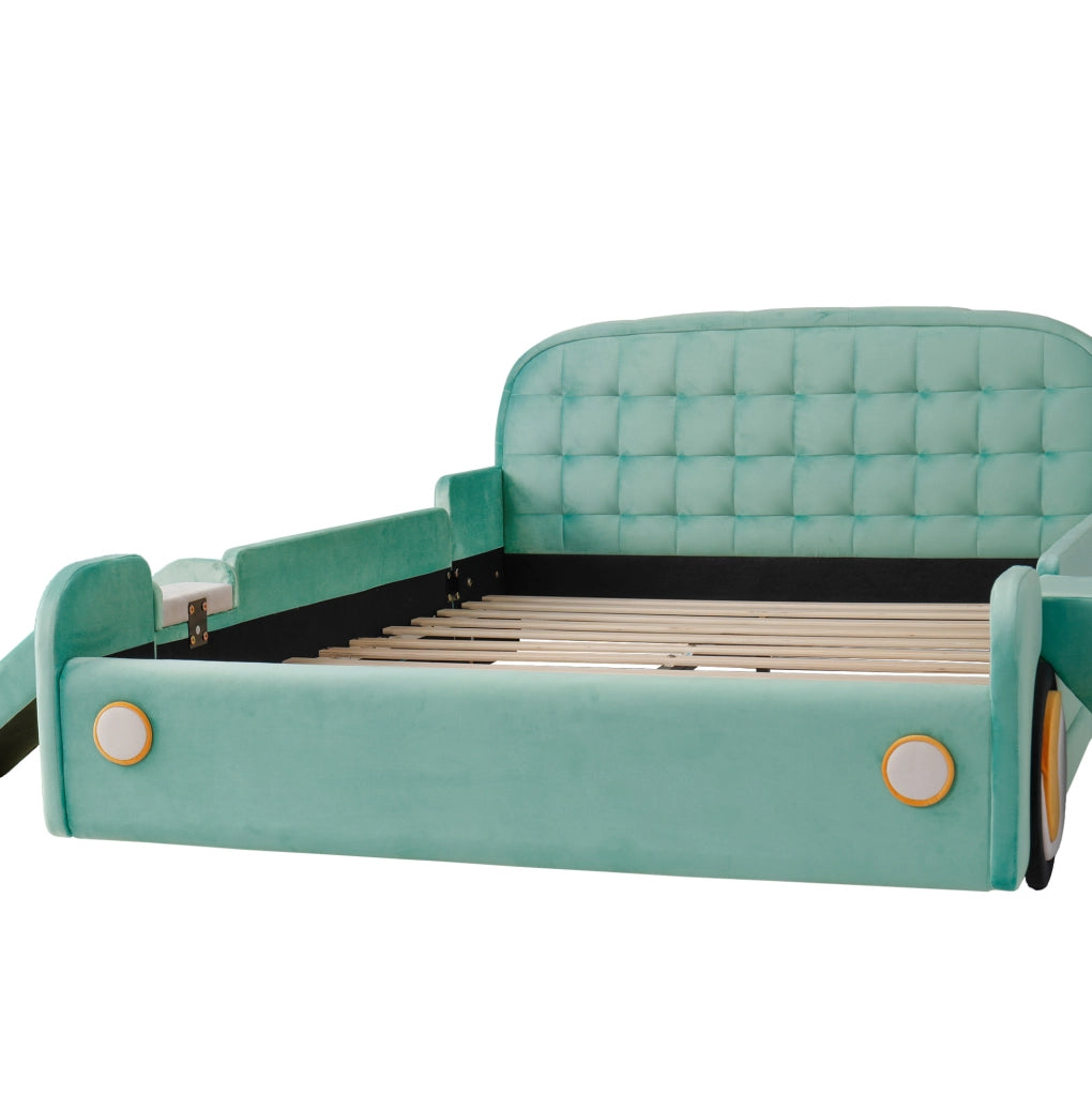 Letto per bambini 140x200 cm a forma di auto con scivolo e scala reversibili in velluto blu-verde