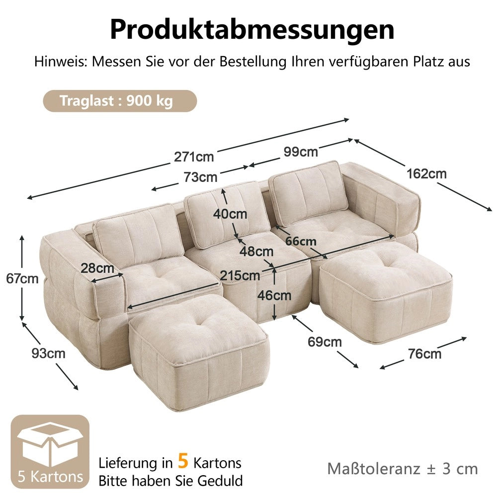 Divano 3 posti modulare con 2 poggiapiedi ¨C Minimal ¨C Beige, tessuto morbido