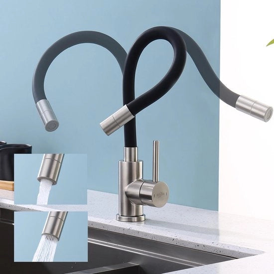 Flexibile Cucinastraente Nera, Cucinastraente ad Alta Pressione con 2 Posizioni di Getto, Cucinastraente Rotativa 360°, Cucinastraente con Regolatore di Apporto Idrico a Risparmio d'Acqua, Cucinastraente a Spillo in Acciaio Inossidabile