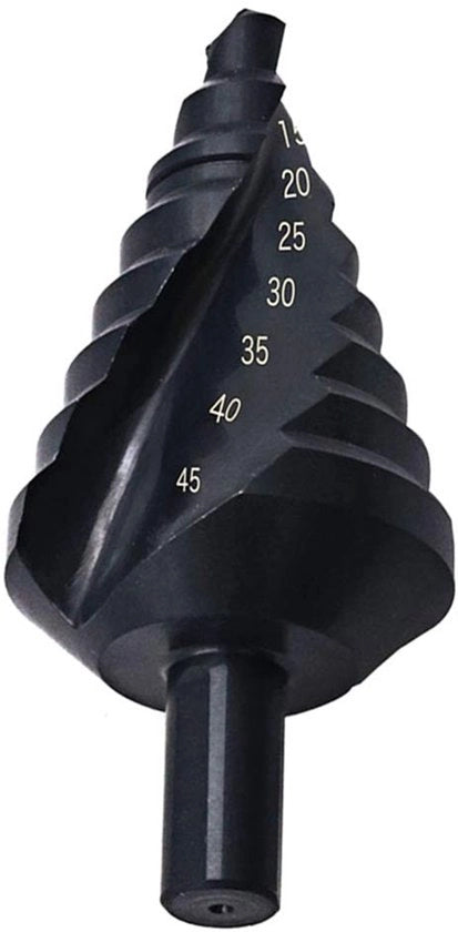 Set per forare 10-45mm - Alta velocità acciaio - Flauto a spirale - Asse a tre lati - Lame di taglio doppie - Per acciaio al carbonio/PVC - Set di foratura