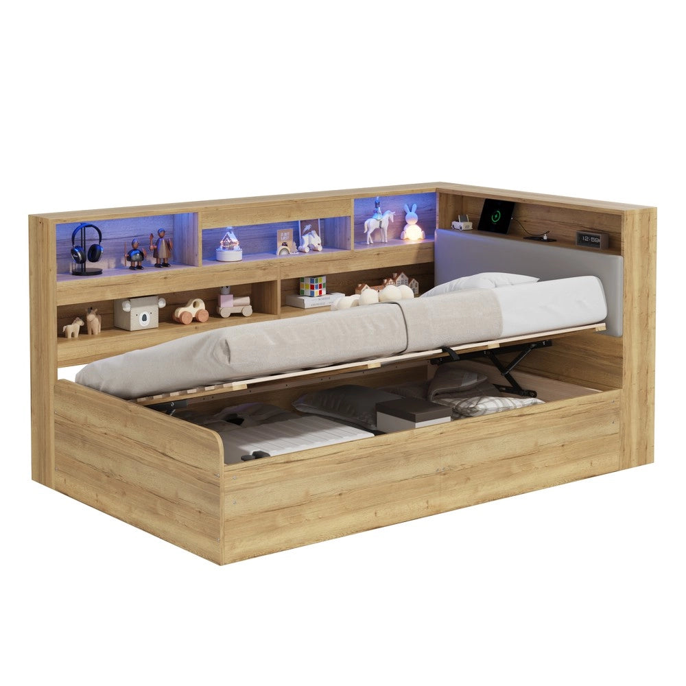 Letto idraulico a scomparsa per bambini - Zephmum- 90x200cm- Natur- USB e LED