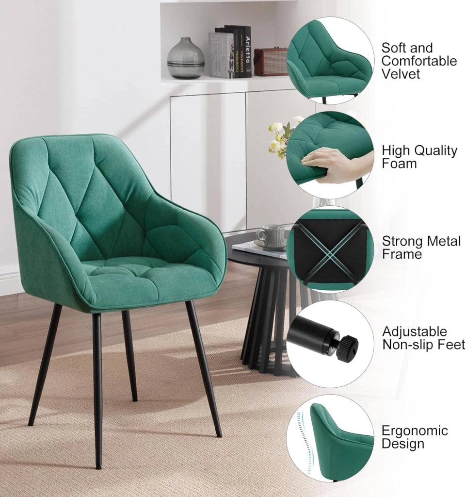 Set di 4 Sedie da Pranzo con Braccioli e Schienale, Sedie Cucina Moderna in Velluto, Poltrone da Salotto con Gambe in Metallo, Sedie ergonomiche per Ufficio, Bar, Azzurro, EZS02ts-4