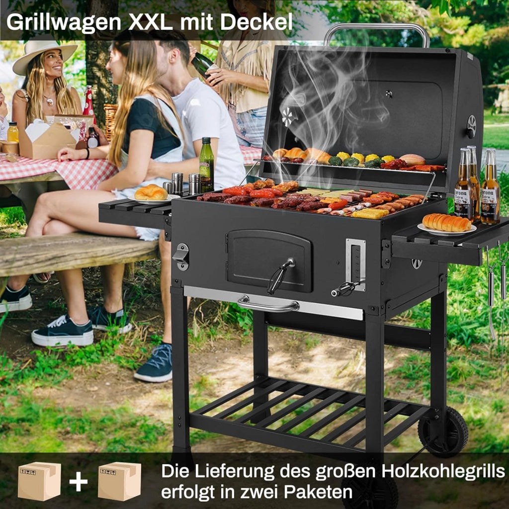 Grande Barbecue Carbonella XXL, BBQ Smoker con Camino e Coperchio, Griglia per Barbecue con 2PCS Ruote, Termometro, Altezza Regolabile, BBQ Carbonella per Giardino, 138x155x61 cm