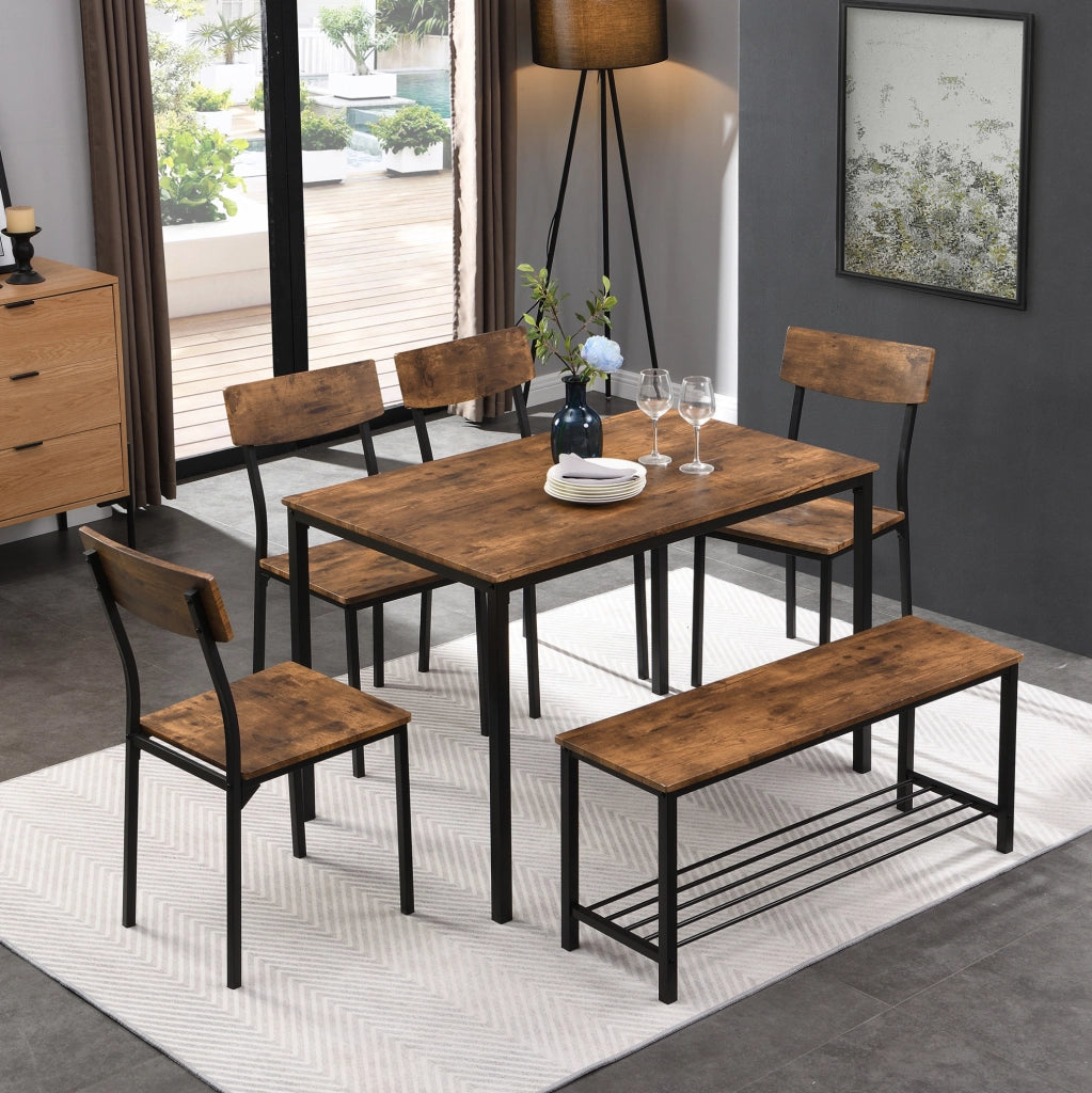 Set da pranzo con tavolo; 4 sedie e 1 sgabello; pannello truciolare e metallo; marrone