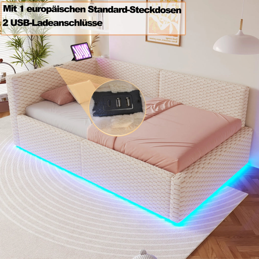 DESMIU Letto Divanetto 1 Piazza con Contenitore, LED, 2 USB e Tipo C 90 × 200 cm, senza Materasso, Beige