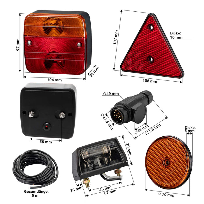 Set di luci posteriori per rimorchio 12 pezzi Spina 13 poli Cavo da 5 m Marchio di omologazione E