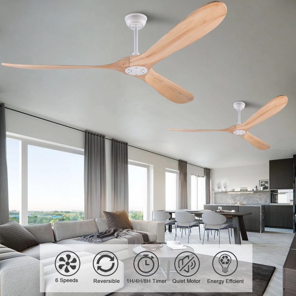 Ventilatore da soffitto senza luce con telecomando; 6 velocità; bianco e naturale