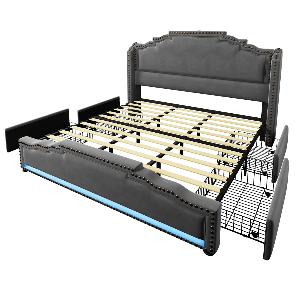 Letto matrimoniale in velluto grigio 180x200 cm con 4 cassetti, LED, USB e Type-C, rete a doghe, senza materasso