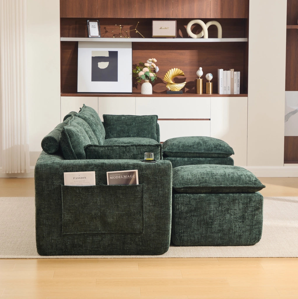 Divano modulare in ciniglia verde 322x161 cm con pouf HAVRYA
