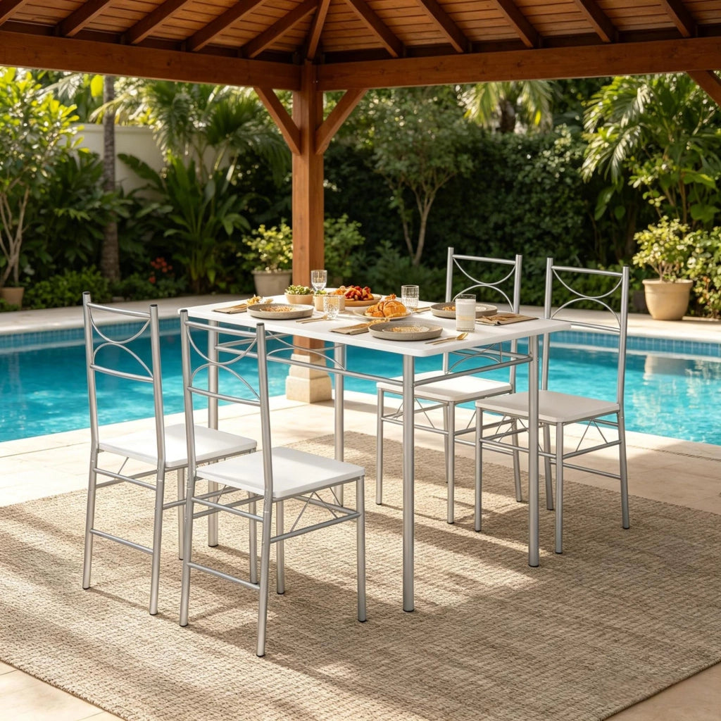 Set tavolo da pranzo con 4 sedie MDF e metallo bianco argento