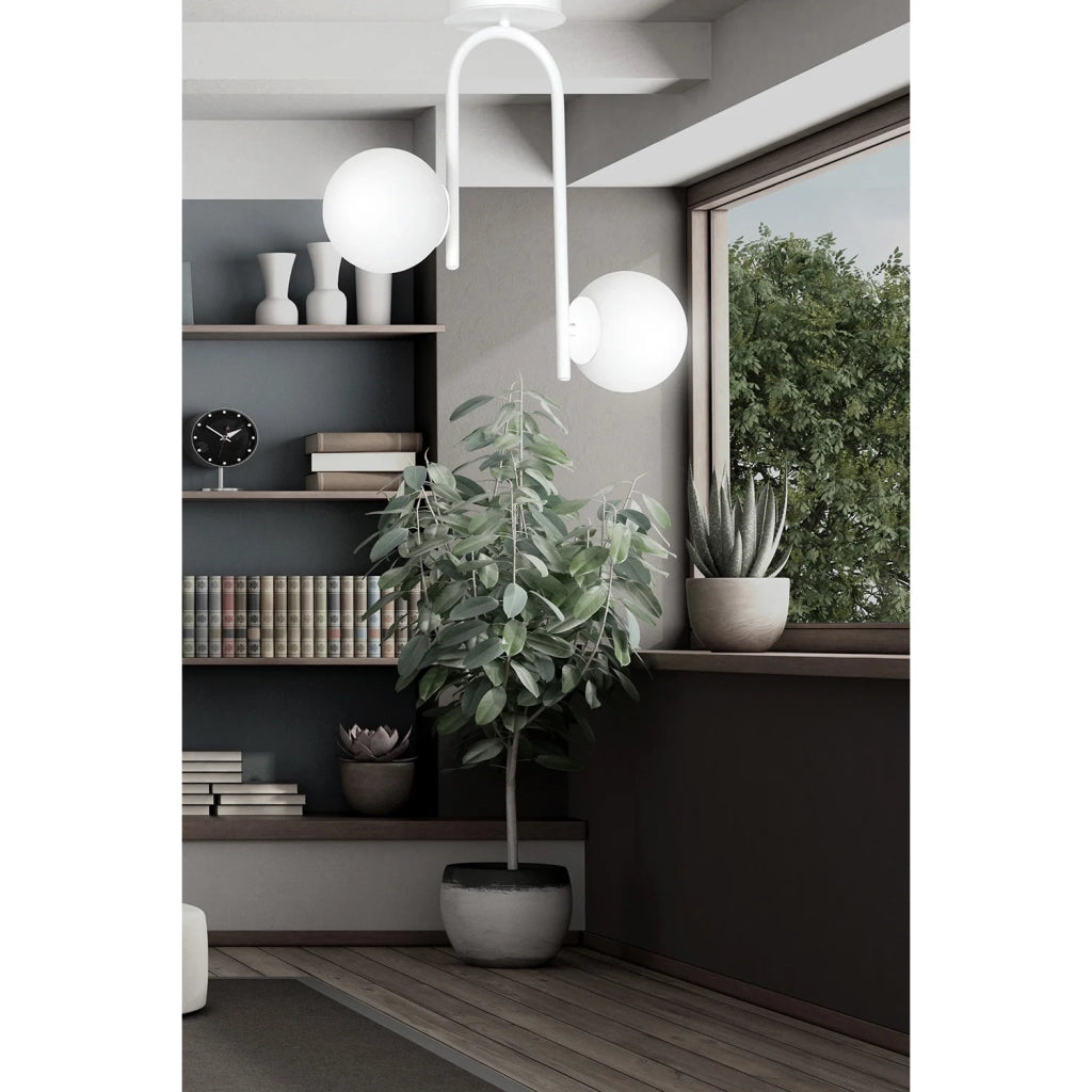 Lampadario 2 Luci Rama In Acciaio Bianco A Bracci E Sfere In Vetro Opalino