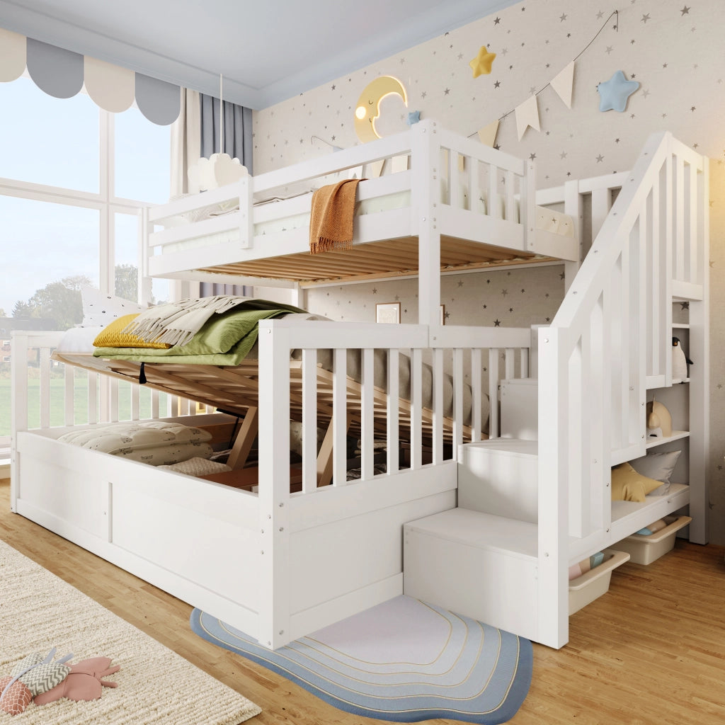 LETTO a castello con scala contenitore 90x200+140x200 cm in pino e MDF bianco