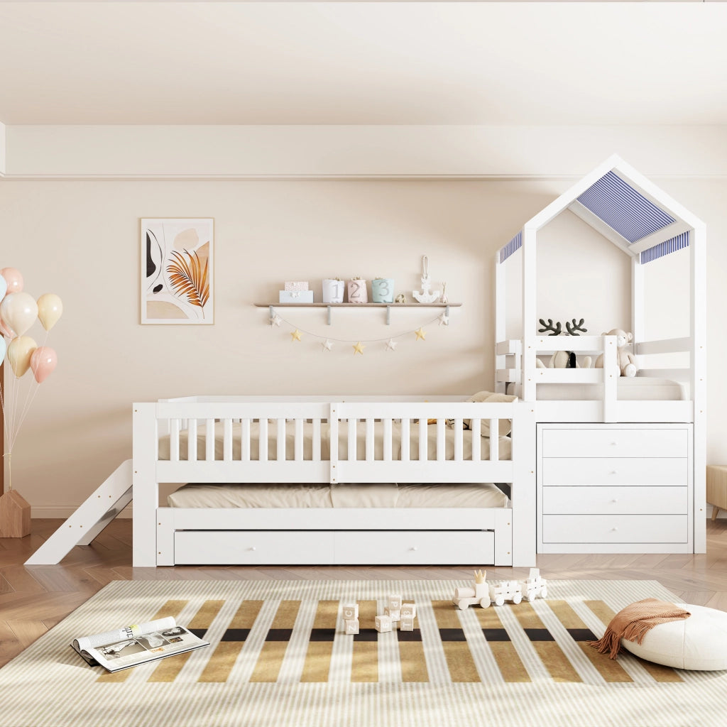 Letto a castello bambino 90×200 cm e 90×190 cm con scala laterale e cassetti; senza materasso; bianco