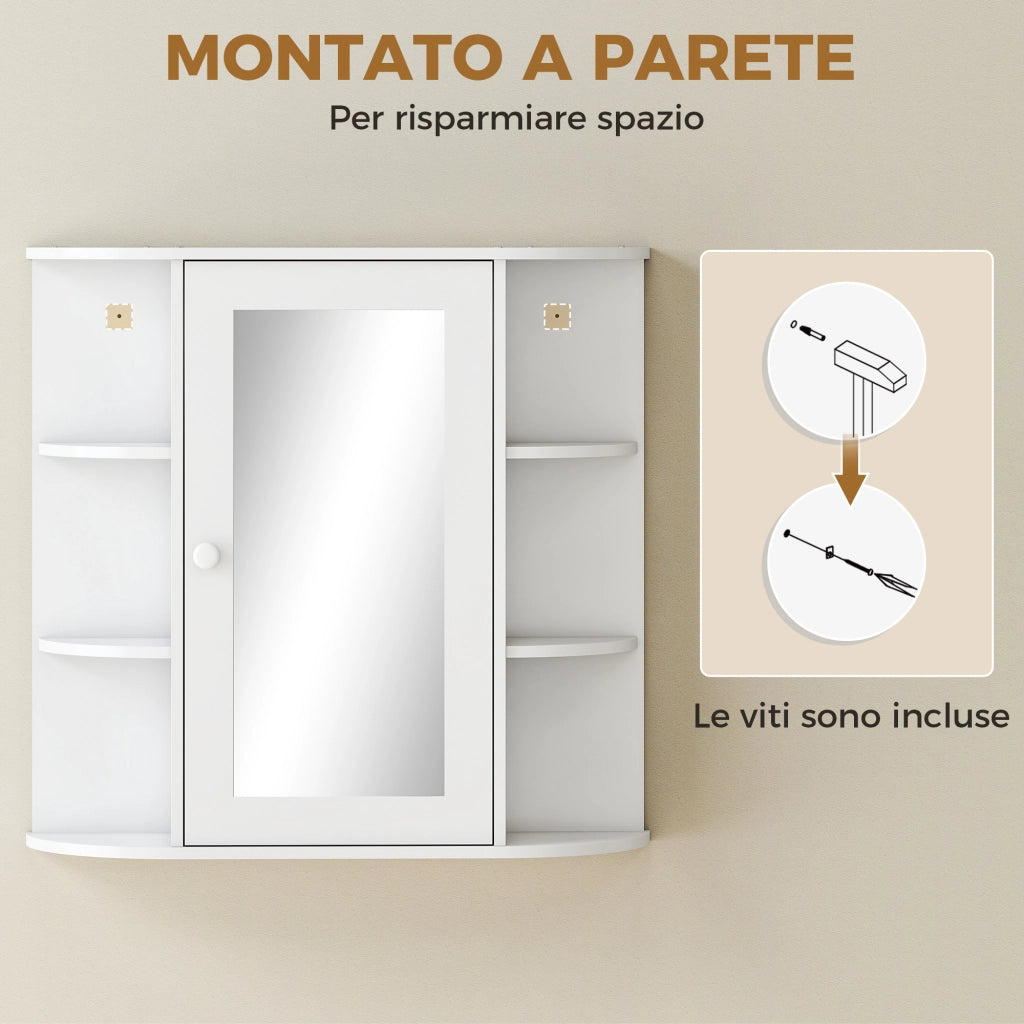 Specchio Bagno Contenitore con 6 Ripiani Aperti e 2 Chiusi, 66x17x63 cm Mobile Bagno con Specchio, Mobilettto da Parete in Vetro, Bianco