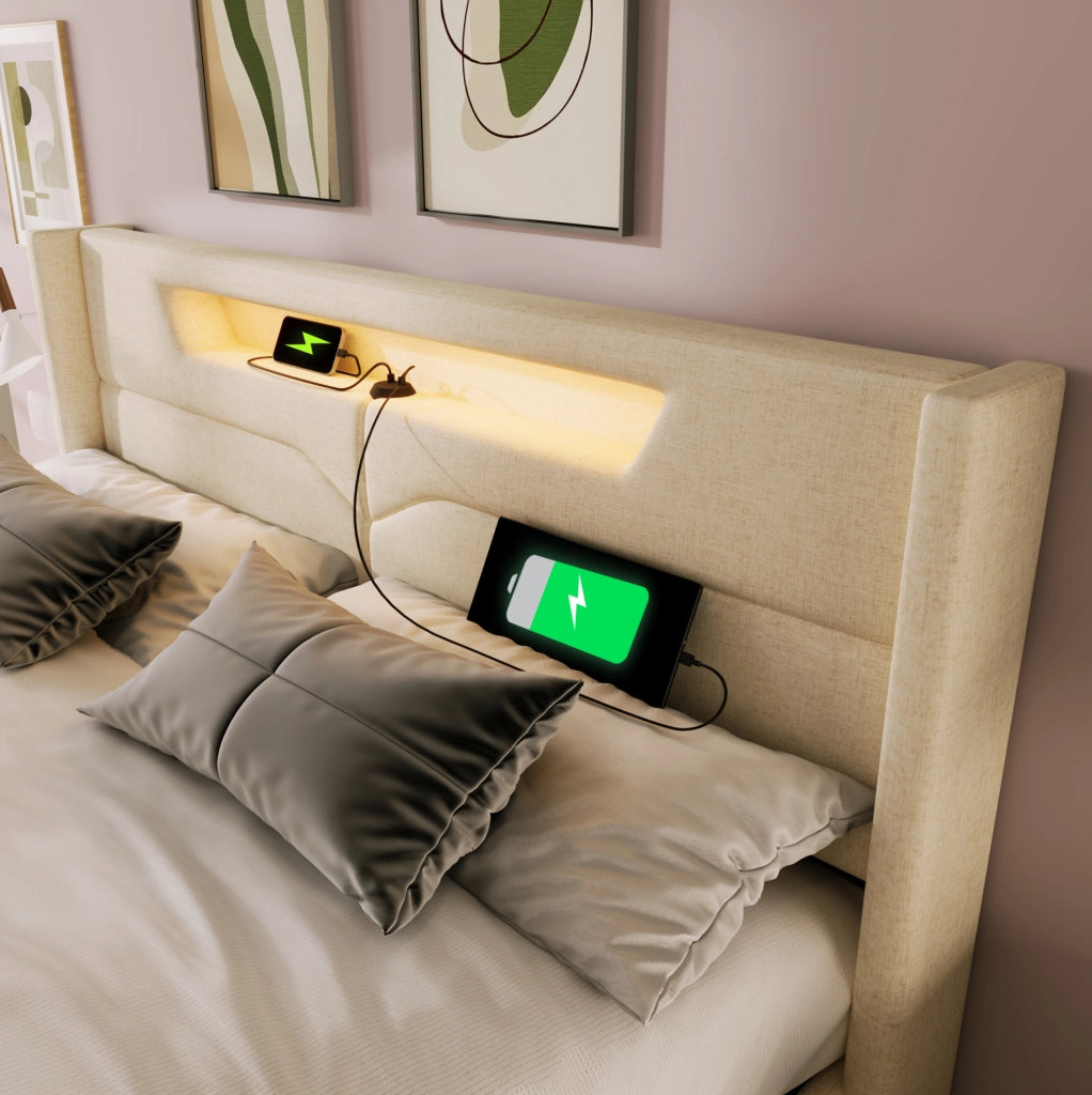 Letto matrimoniale imbottito 140x200 cm in tessuto lino beige con LED; USB e contenitore