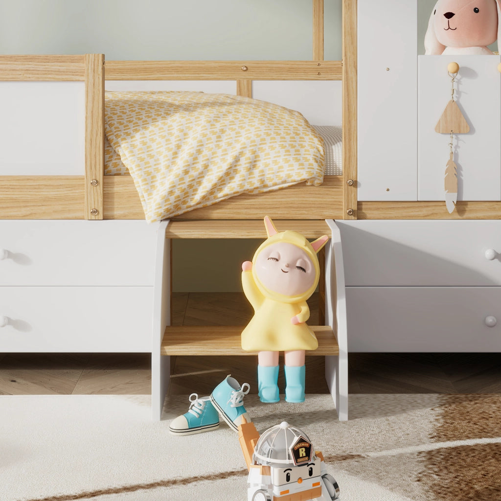 DESMIU Letto per Bambini Semialto 1 Posto con 4 Cassetti, Tetto e Finestra, 90 × 200 cm, Senza Materasso