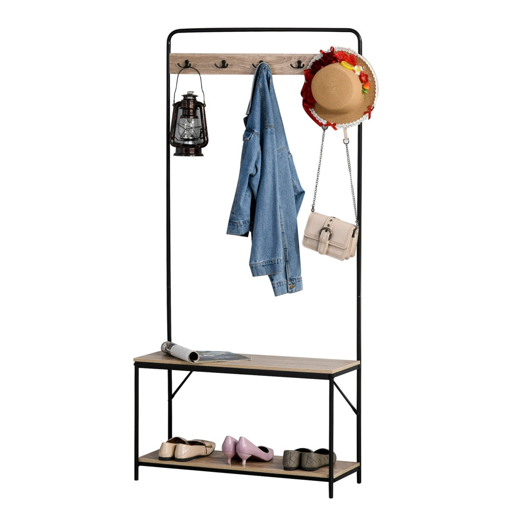 EasyComfort Appendiabiti con Panca e Scarpiera in Stile Industriale, Mobile per Ingresso Vintage in Legno e Acciaio Nero