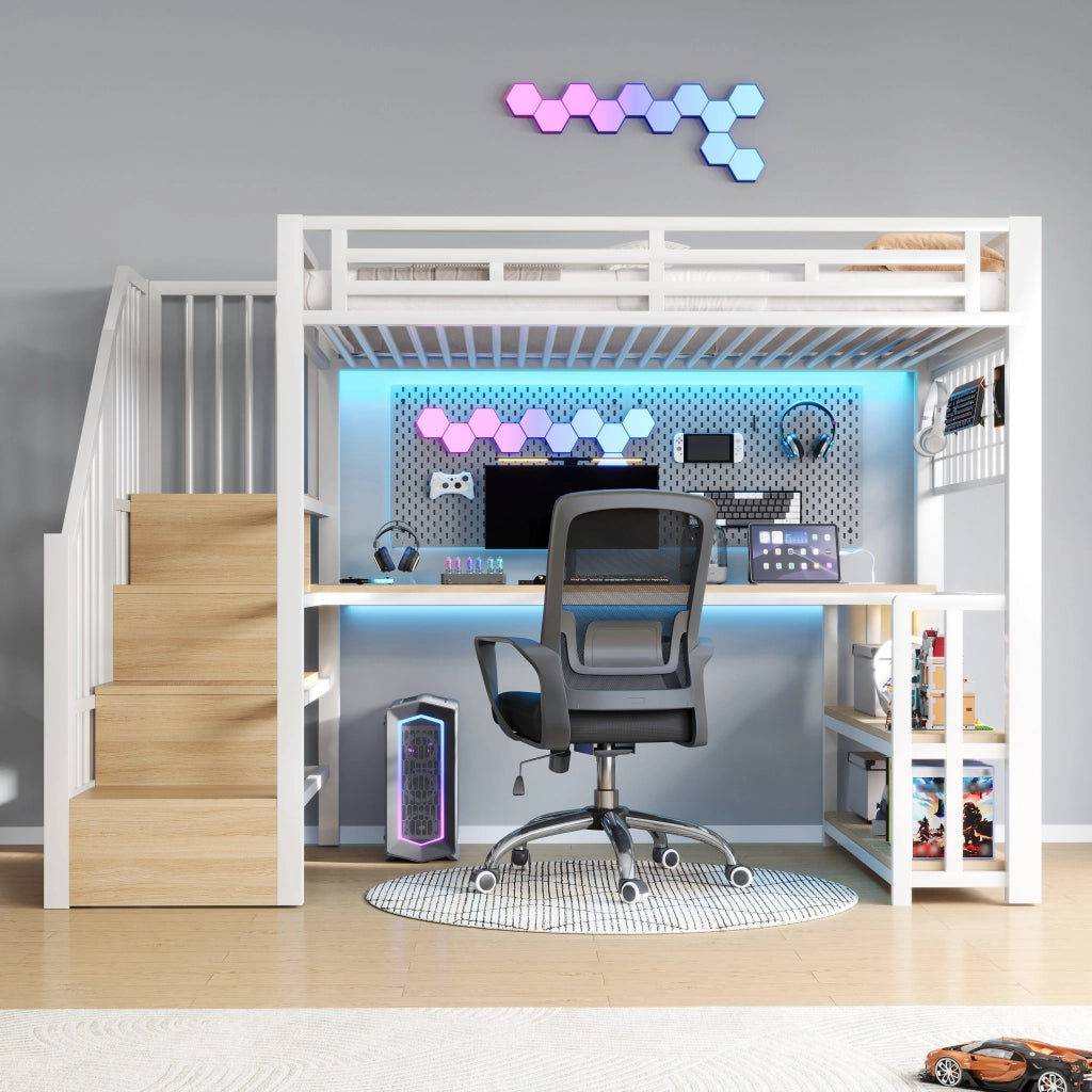 Letto a castello bianco con funzione di scaffale e scrivania in metallo 90x200 cm
